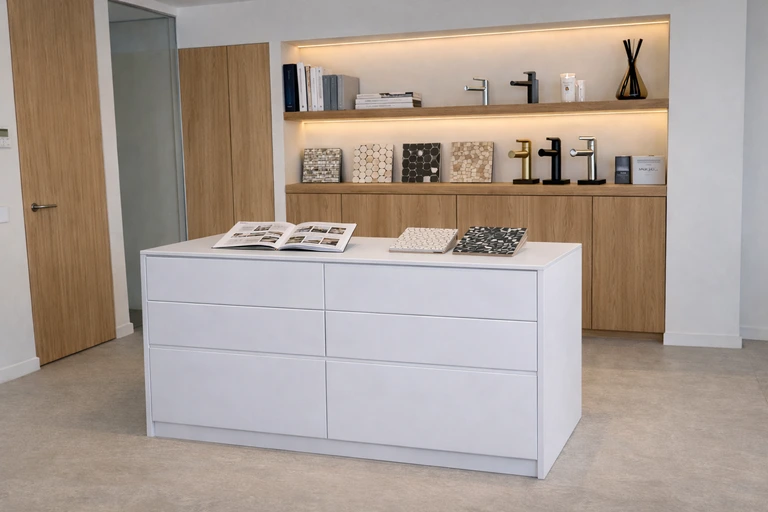 Selección de materiales de arquitectura mediterránea en el showroom de MGP Properties en Ibiza con piedra, madera y revestimientos.