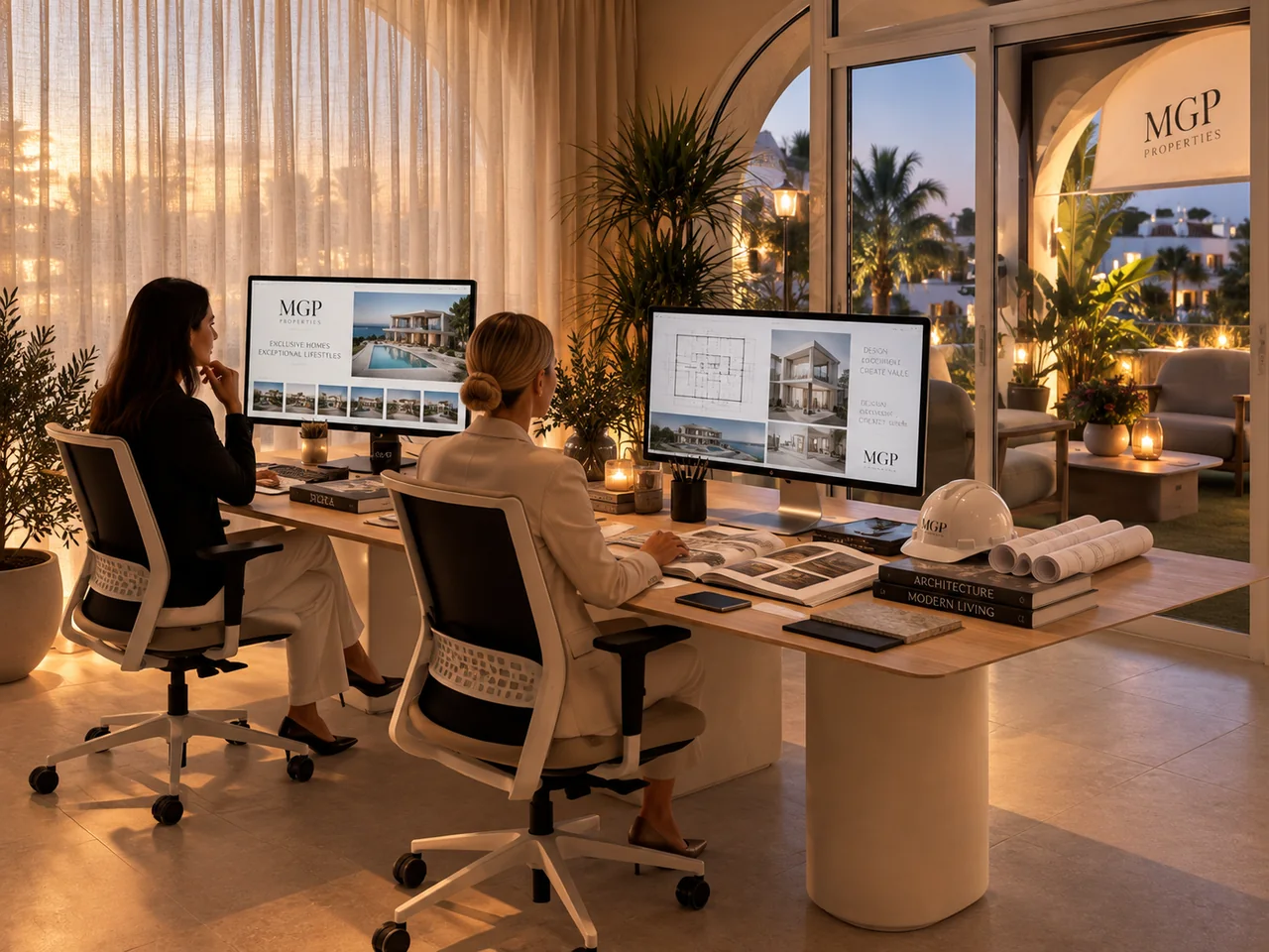Dos profesionales trabajan en planos y propuestas de viviendas en la oficina de MGP Properties en Ibiza.