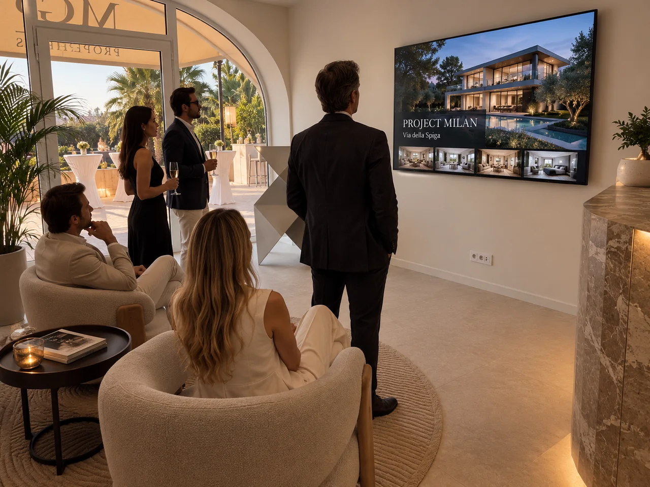 Personas observando una presentación de un proyecto residencial en un espacio de MGP Properties.